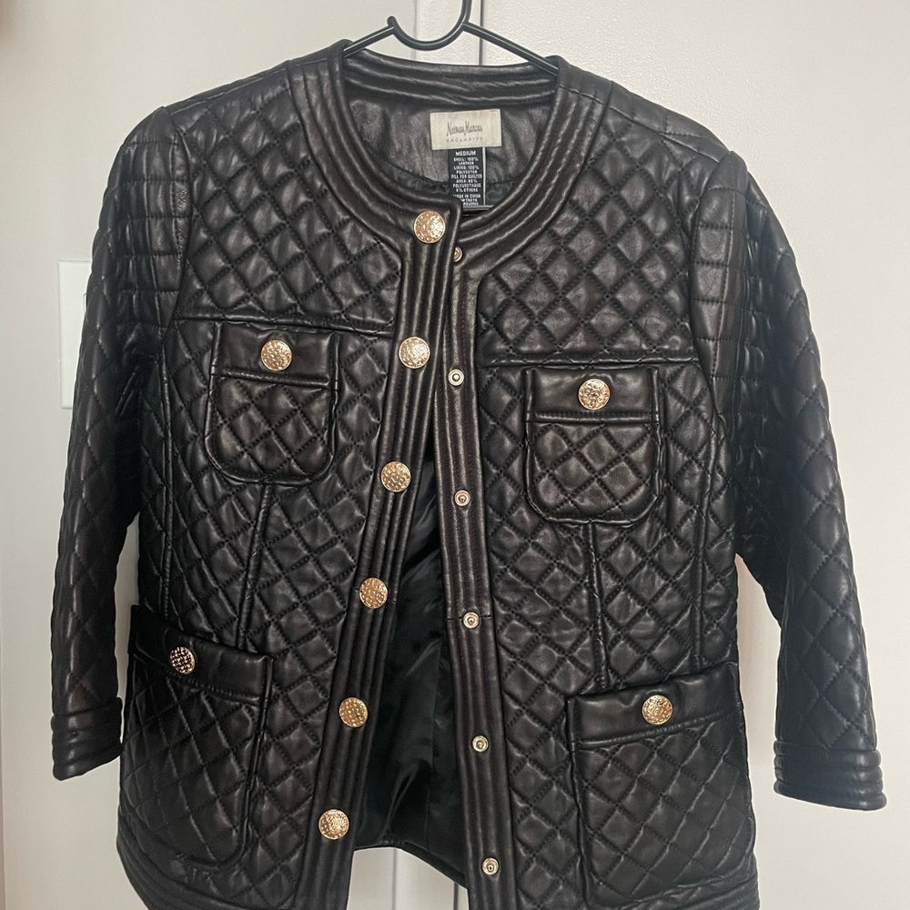 Neiman Marcus Quilted Leather Jacket with Gold Buttons